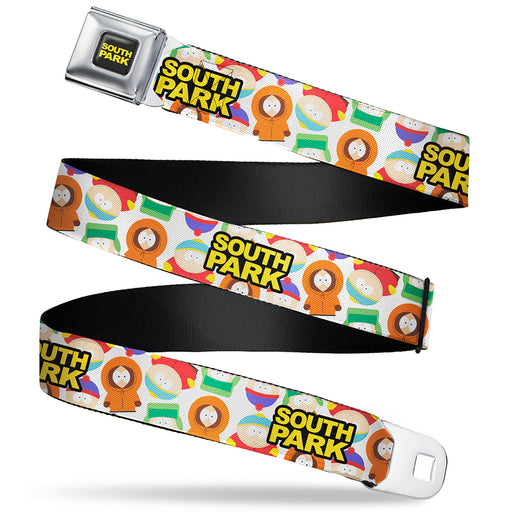 SOUTH PARK Title Logo Full Color Black/Yellow Seatbelt Belt - SOUTH PARK Title Logo and Characters Scattered White Webbing Seatbelt Belts Comedy Central   