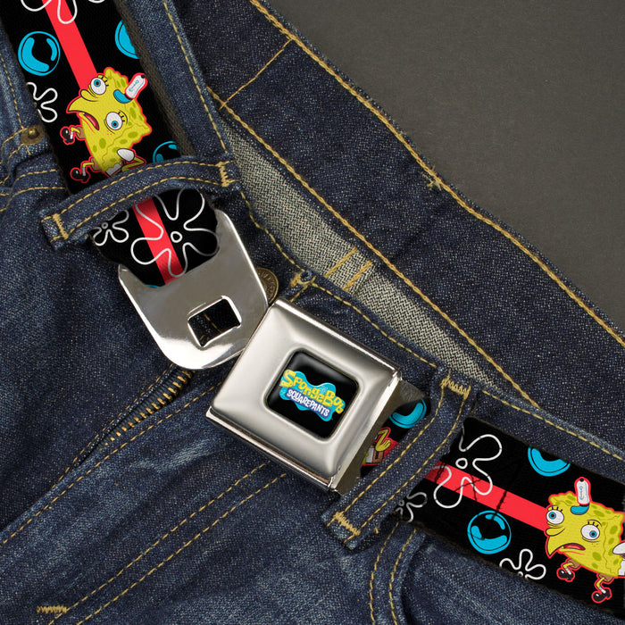 SpongeBob SquarePants Logo Full Color Black/Blues Seatbelt Belt - Mocking SpongeBob Pose and Bubbles Stripe Black/Blue/Red Webbing Seatbelt Belts Nickelodeon   