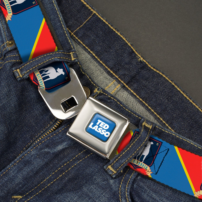 TED LASSO Title Logo Full Color Blue/White Seatbelt Belt - Ted Lasso AFC Richmond Logo Stripe Blue/Yellow/Red Webbing Seatbelt Belts Ted Lasso   