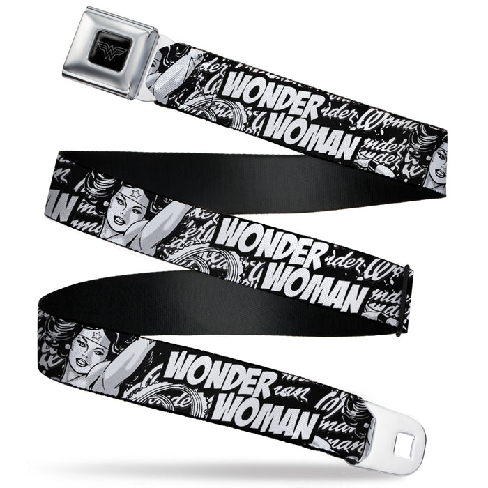 Wonder Woman Logo Reverse Brushed Seatbelt Belt - WONDER WOMAN Action Pose/Text Collage Black/White/Grays Webbing Seatbelt Belts DC Comics   