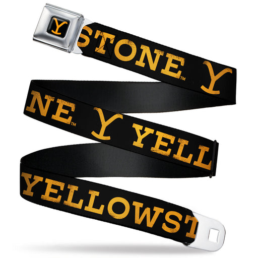 Yellowstone Y Logo Full Color Black/Orange Seatbelt Belt - YELLOWSTONE Text and Y Logo Weathered Black/Orange Webbing Seatbelt Belts Paramount Network   