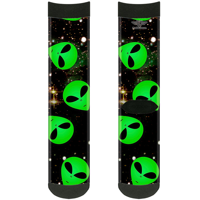 Sock Pair - Polyester - Aliens Head Scattered Galaxy2/Green/Black - CREW Socks Buckle-Down   