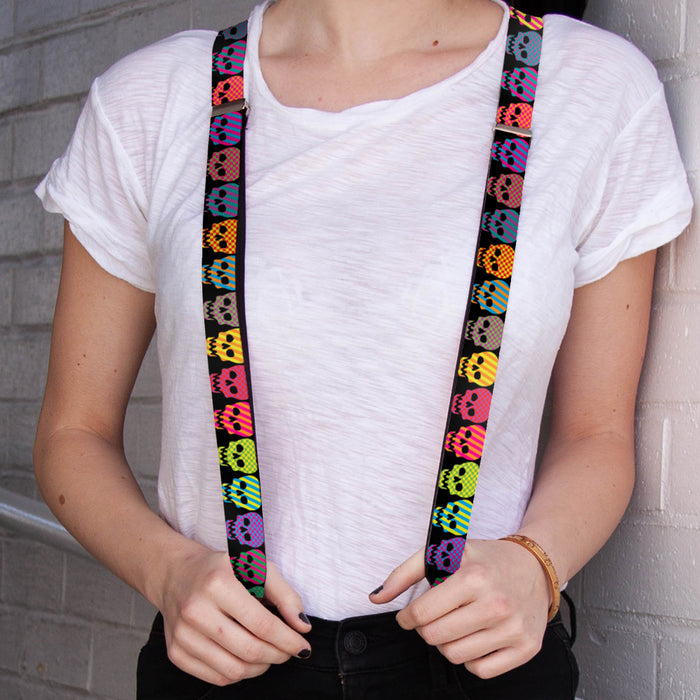 Suspenders - 1.0" - Checker & Stripe Skulls Black/Multi Neon Suspenders Buckle-Down   