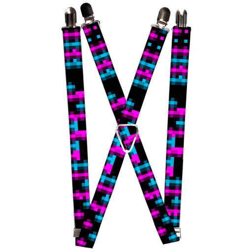 Suspenders - 1.0" - Pixilated Checker Black/Fuchsia/Turquoise Suspenders Buckle-Down   