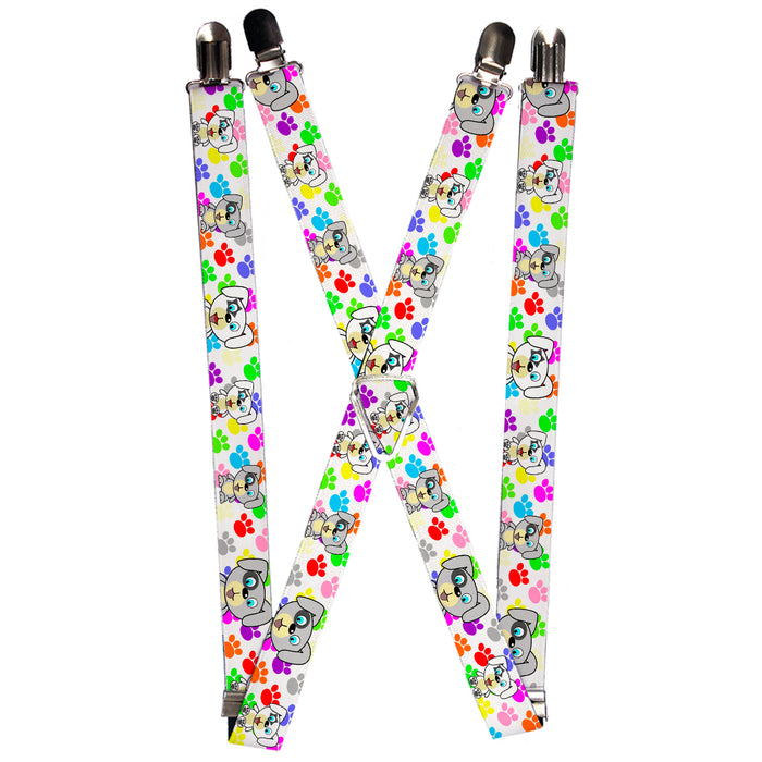 Suspenders - 1.0" - Puppies w/Paw Prints White/Multi Color Suspenders Buckle-Down   