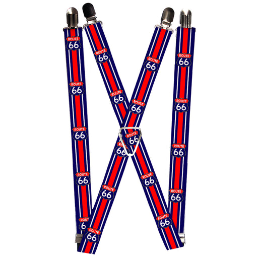 Suspenders - 1.0" - ROUTE 66 Highway Sign/Stripe Blue/White/Red Suspenders Buckle-Down   