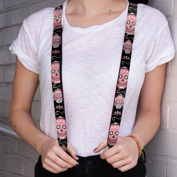 Suspenders - 1.0" - Sugar Skulls Gray/Pink Suspenders Buckle-Down   