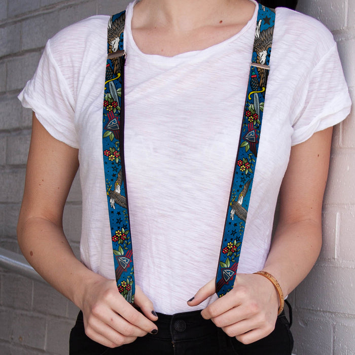 Suspenders - 1.0" - Truth and Justice CLOSE-UP Blue Suspenders Buckle-Down   