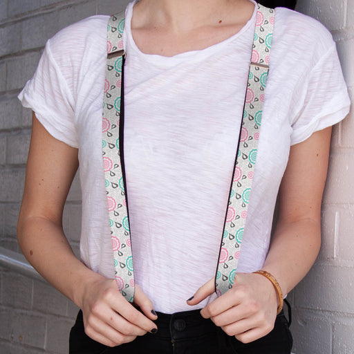 Suspenders - 1.0" - Bird Tapestry White/Gray/Turquoise/Pink Suspenders Buckle-Down   