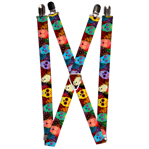 Suspenders - 1.0" - Painted Sugar Skulls & Flowers Collage Suspenders Buckle-Down   