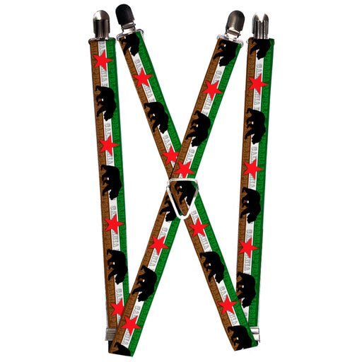 Suspenders - 1.0" - Cali Bear Silhouette & Star/CALIFORNIA REPUBLIC Green/White/Brown/Black/Red Suspenders Buckle-Down   