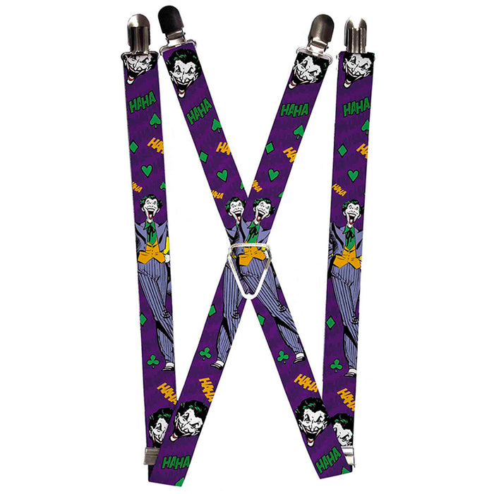 Suspenders - 1.0" - Joker Face Pose Elements Collage Purple Green Yellow Suspenders DC Comics   