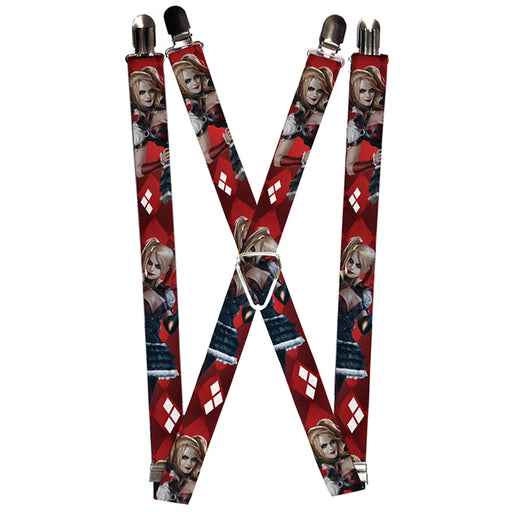 Suspenders - 1.0" - Harley Quinn 2-Arkham Knight Poses Diamonds Reds White Suspenders DC Comics   