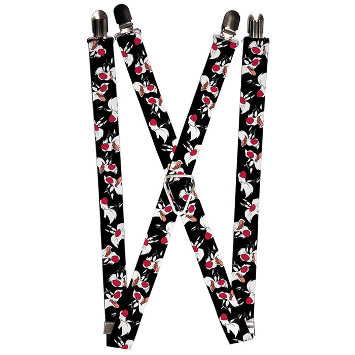 Suspenders - 1.0" - Sylvester the Cat Expressions Scattered Black Suspenders Looney Tunes   