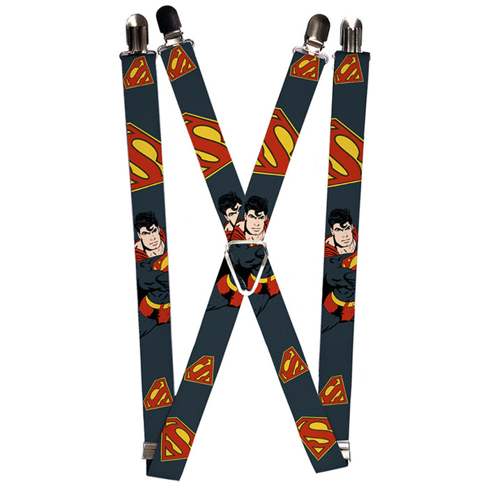 Suspenders - 1.0" - Superman Action Pose Scattered Shield Navy Gold Red Suspenders DC Comics   