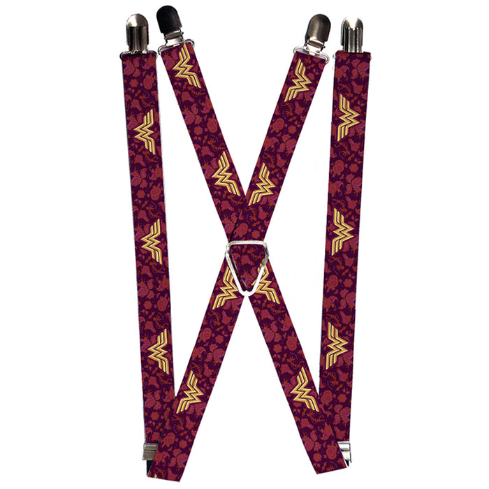 Suspenders - 1.0" - Wonder Woman Logo Floral Collage Purple Pinks Gold Suspenders DC Comics   