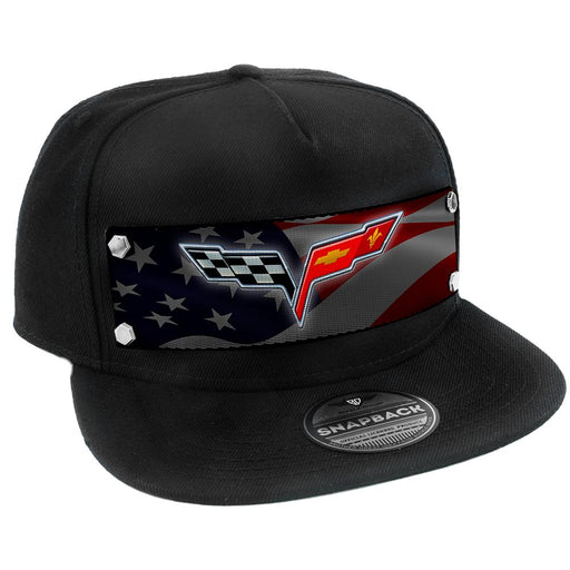 Embellishment Trucker Hat BLACK - Full Color Strap - C6 Emblem Waving American Flag Trucker Hats GM General Motors   