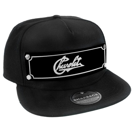Embellishment Trucker Hat BLACK - Full Color Strap - CHEVROLET Heritage Script Black/White Trucker Hats GM General Motors   