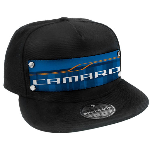 Embellishment Trucker Hat BLACK - Full Color Strap - CAMARO SS Abstract Blues/Orange/White Trucker Hats GM General Motors   