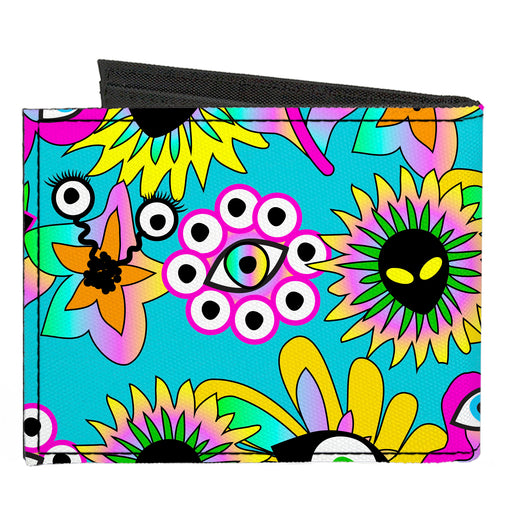 Canvas Bi-Fold Wallet - Funky Alien Flowers Aqua Blue/Multi Color Canvas Bi-Fold Wallets Buckle-Down   