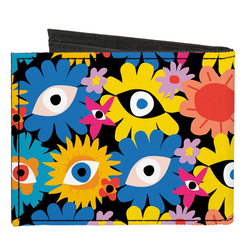 Canvas Bi-Fold Wallet - Funky Eye Flowers Black/Multi Color Canvas Bi-Fold Wallets Buckle-Down   