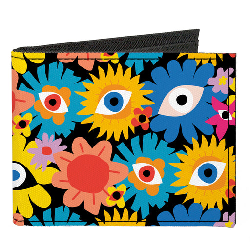 Canvas Bi-Fold Wallet - Funky Eye Flowers Black/Multi Color Canvas Bi-Fold Wallets Buckle-Down   