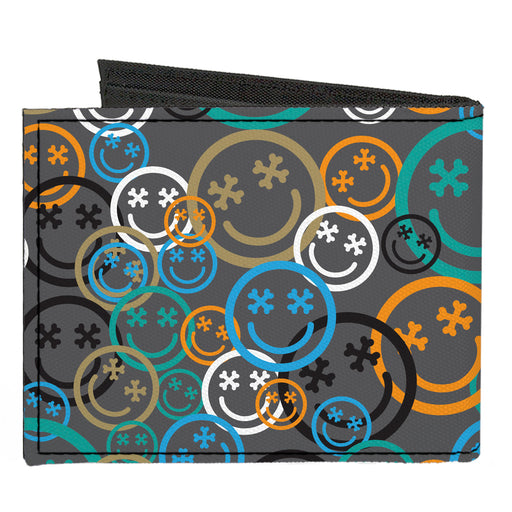 Canvas Bi-Fold Wallet - Smiley Face Crossbones Stacked Gray/Multi Color Canvas Bi-Fold Wallets Buckle-Down   