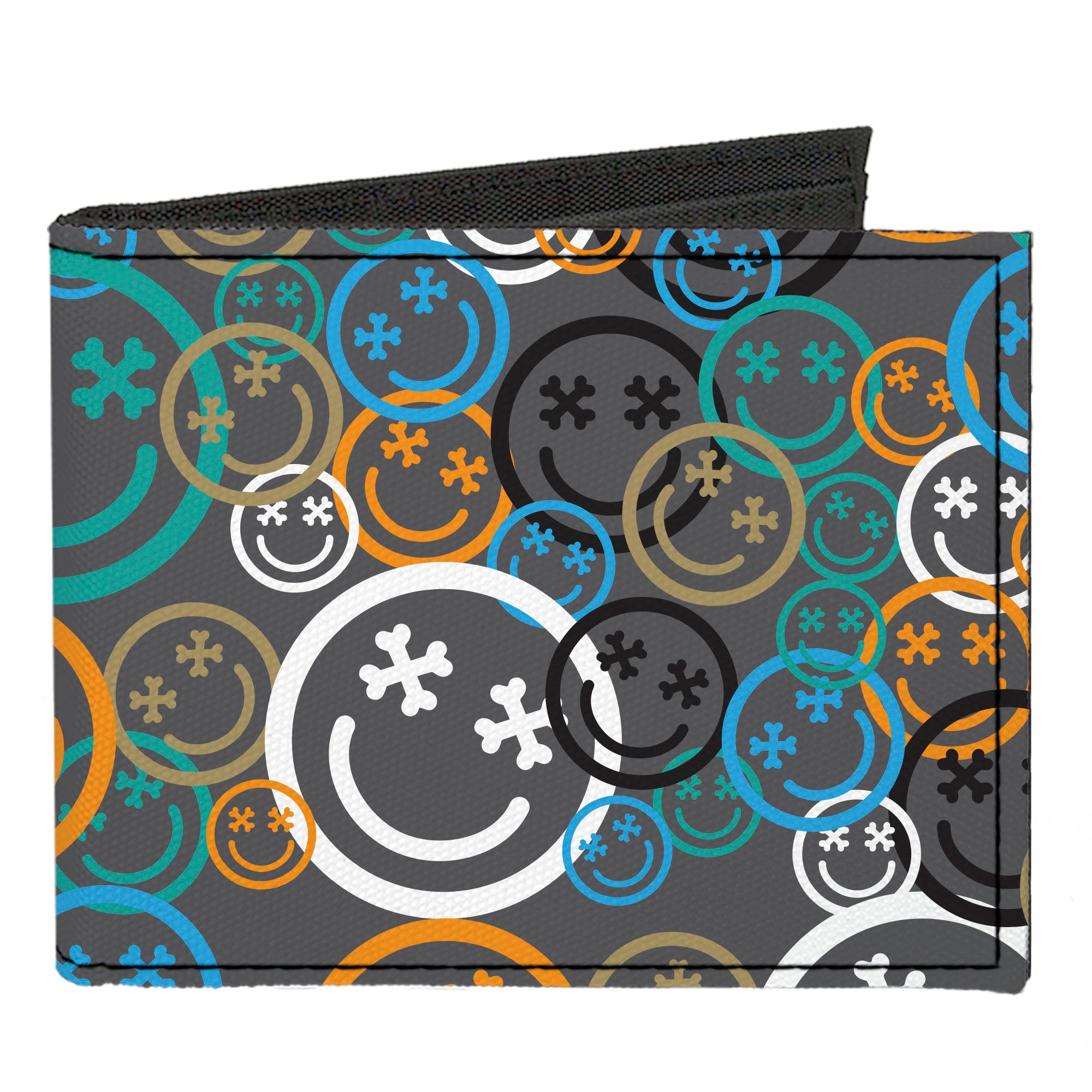 Canvas Bi-Fold Wallet - Smiley Face Crossbones Stacked Gray/Multi Colo ...