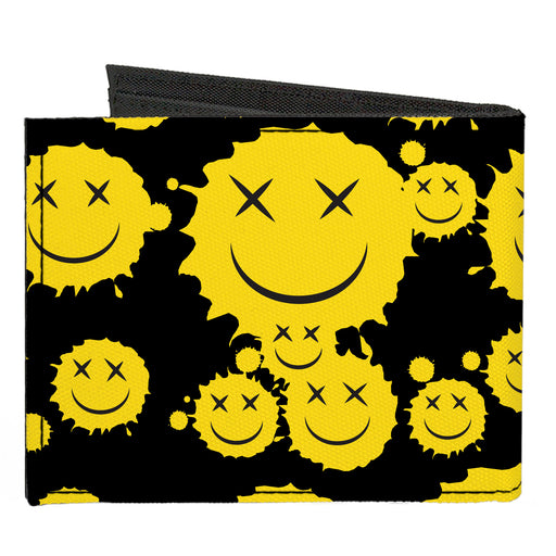 Canvas Bi-Fold Wallet - Smiley Face Splatter Scattered Black/Yellow Canvas Bi-Fold Wallets Buckle-Down   