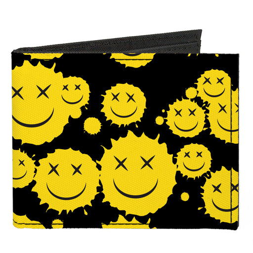 Canvas Bi-Fold Wallet - Smiley Face Splatter Scattered Black/Yellow Canvas Bi-Fold Wallets Buckle-Down   