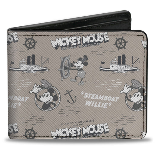 Bi-Fold Wallet - Disney 100 Mickey Mouse Steamboat Willie Collage Grays/Black/White Bi-Fold Wallets Disney   