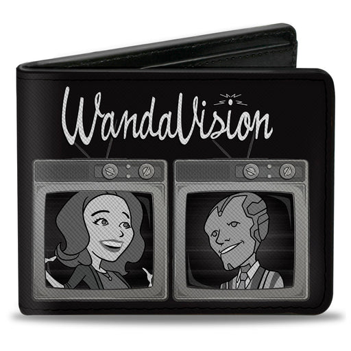 MARVEL STUDIOS WANDAVISION Bi-Fold Wallet - WANDAVISION Cartoon Wanda and Vision + Scarlet Witch and Vision Television Blocks Black Grays Full Color Bi-Fold Wallets Marvel Comics   