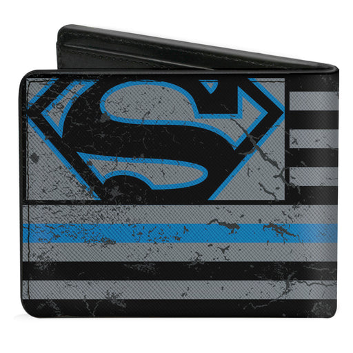 Bi-Fold Wallet - Superman Shield Thin Blue Line Weathered Gray/Black/Blue Bi-Fold Wallets DC Comics   