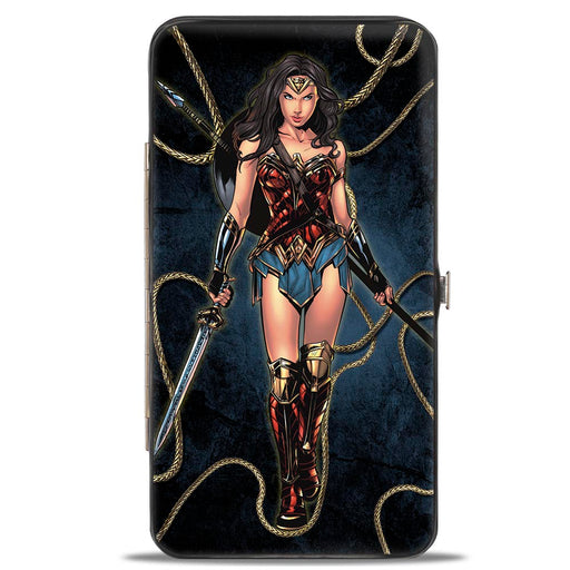 Hinged Wallet - Wonder Woman 2017 Standing Swords Pose + Icon/Lasso of Truth Blues/Golds Hinged Wallets DC Comics   