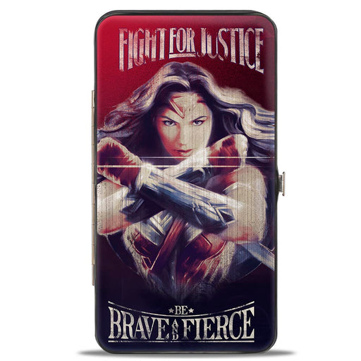Hinged Wallet - Wonder Woman Deflection Pose FIGHT FOR JUSTICE-BE BRAVE AND FIERCE Weathered Reds/Blues Hinged Wallets DC Comics   