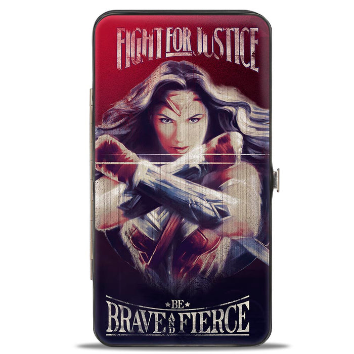 Hinged Wallet - Wonder Woman Deflection Pose FIGHT FOR JUSTICE-BE BRAVE AND FIERCE Weathered Reds/Blues Hinged Wallets DC Comics   