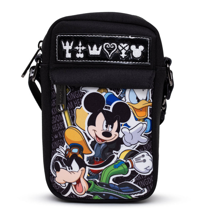 Disney Bag, Cross Body, Kingdom Hearts Goofy Mickey Donald Group Pose and Icons, Black, Vegan Leather Crossbody Bags Disney   