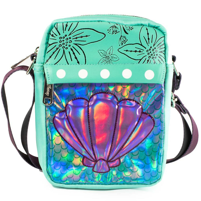Women's Crossbody Wallet - The Little Mermaid Iridescent Shell Floral Embossing Aqua Blues Purples Crossbody Bags Disney   