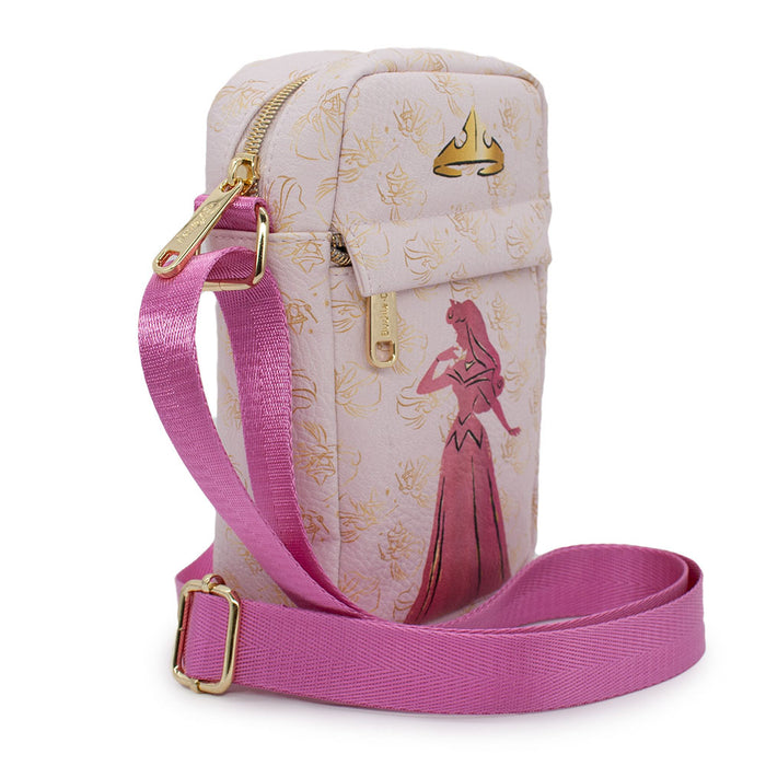 Women's Crossbody Wallet - Princess Aurora Pose Silhouette and Fairy Godmothers Pink Gold Crossbody Bags Disney   