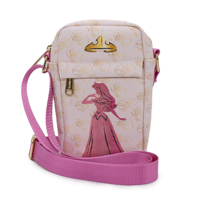 Women's Crossbody Wallet - Princess Aurora Pose Silhouette and Fairy Godmothers Pink Gold Crossbody Bags Disney   