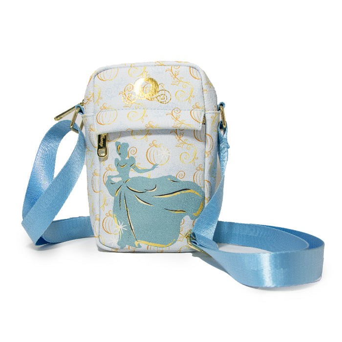 Women's Crossbody Wallet - Cinderella Running Pose Silhouette and Carriage Blues Golds Crossbody Bags Disney   