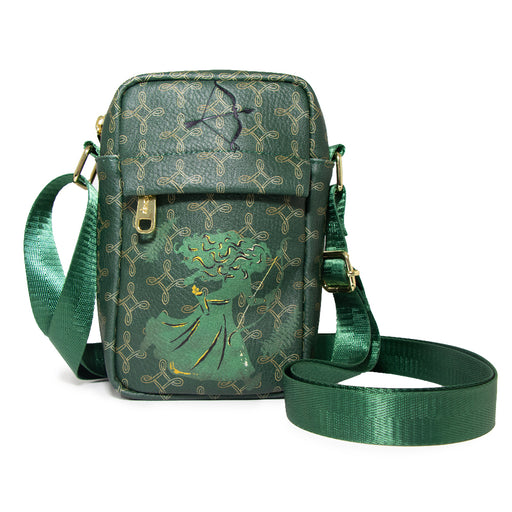 Women's Crossbody Wallet - Brave Merida Running Pose Silhouette with Bow and Celtic Knot Greens Golds Crossbody Bags Disney   
