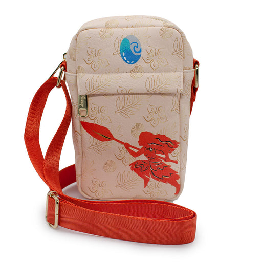 Women's Crossbody Wallet - Moana Paddle Pose Silhouette and Floral Icons Beige Orange Crossbody Bags Disney   