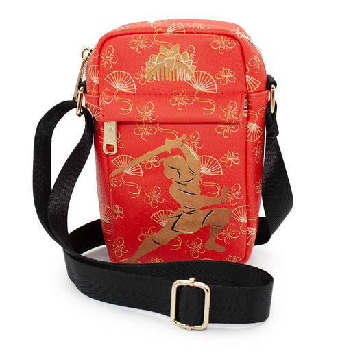 Women's Crossbody Wallet - Mulan Action Pose Silhouette and Comb Red Golds Crossbody Bags Disney   