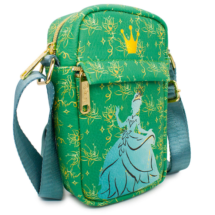 Women's Crossbody Wallet - The Princess and the Frog Tiana Pose Silhouette and Crown Greens Golds Crossbody Bags Disney   