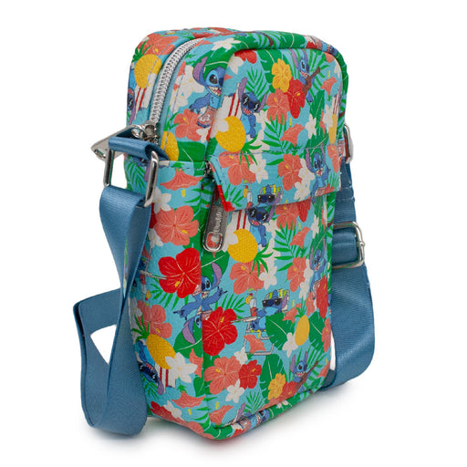 Women's Crossbody Wallet - Lilo & Stitch Stitch Poses and Tropical Flowers Stacked Blue Crossbody Bags Disney   