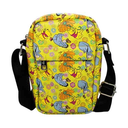 Women's Crossbody Wallet - Winnie the Pooh and Eeyore Poses Floral Collage Yellow Crossbody Bags Disney   