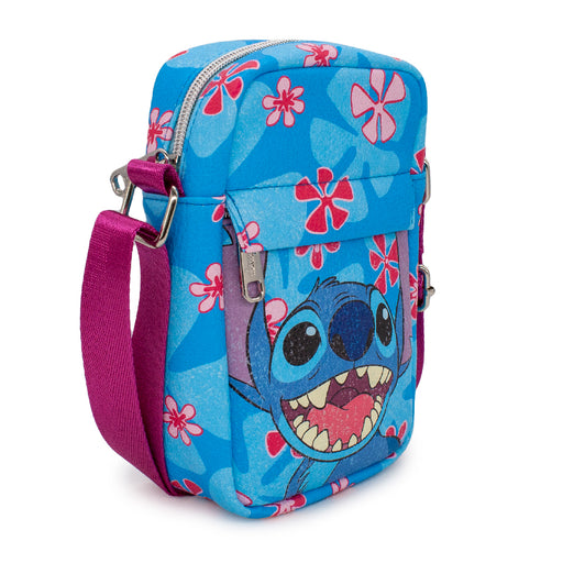 Women's Crossbody Wallet - Lilo & Stitch Stitch Smiling Face CLOSE-UP with Flowers Blues Pinks Crossbody Bags Disney   