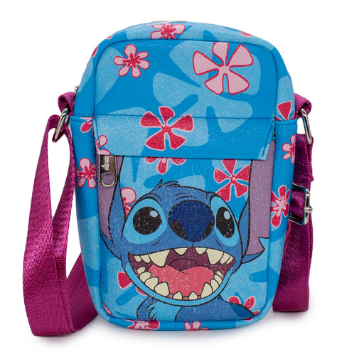 Women's Crossbody Wallet - Lilo & Stitch Stitch Smiling Face CLOSE-UP with Flowers Blues Pinks Crossbody Bags Disney   