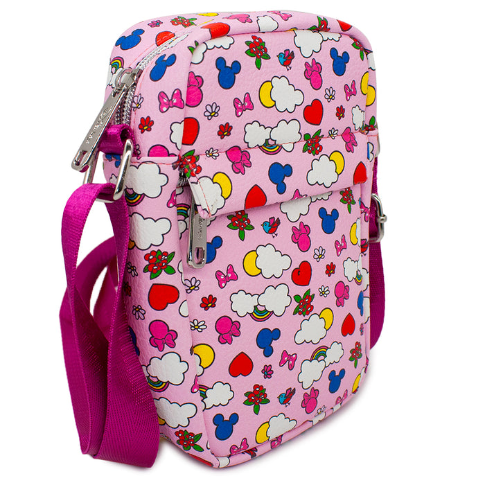 Women's Crossbody Wallet - Mickey and Minnie Rainbow and Flowers Scattered Pink Crossbody Bags Disney   
